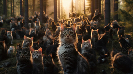 Fototapeta na wymiar Group of 1000 cats in the forest