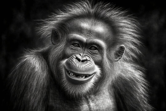 Portrait of realistic and adorable Orangutans with smile Illustration. Closeup funny smiling animal face. Hilarious, humorous, entertaining animals, Heartwarming concept. Made with Generative AI