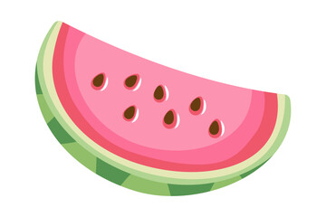 Slice of delicious red pitted watermelon with green rind. Realistic. Vector illustration.
