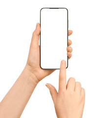 touching smartphone screen with copy space. hands and smartphone isolated on white background