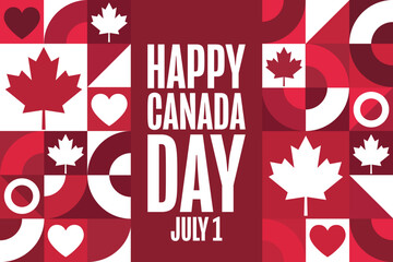 Happy Canada Day. July 1. Holiday concept. Template for background, banner, card, poster with text inscription. Vector EPS10 illustration.