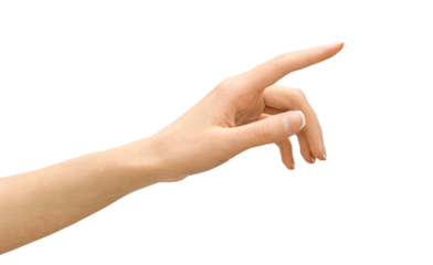 hand points to something with her index finger.on isolated white background