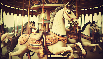 Fototapeta na wymiar Old fashion carousel with horses. Vintage style illustration. AI generated.