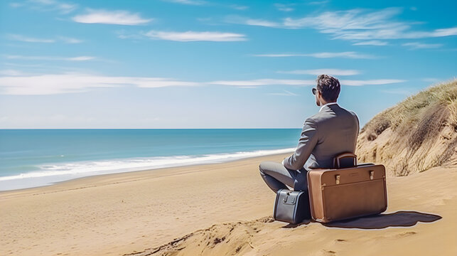 Businessman in suit sitting on the sand on the beach looking at the sea. Back to work and end of summer vacation. Generative ai.