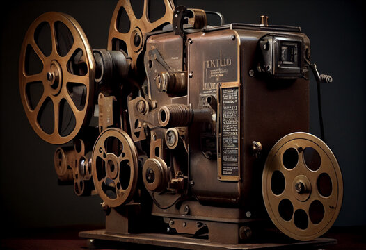 Old fashioned cinema film projector. AI generated.