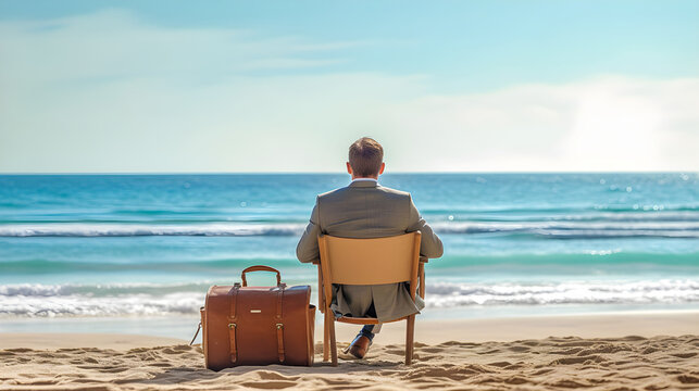 Businessman in a suit with a suitcase sitting on a chair on the beach looking out to sea. Holidays, end of summer vacation and back to work. Generative ai.