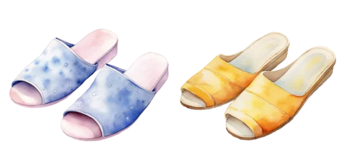 Gordijnen Set of women sandal shoes, watercolor illustration isolated on white or transparent background. Generative AI © RisingSun