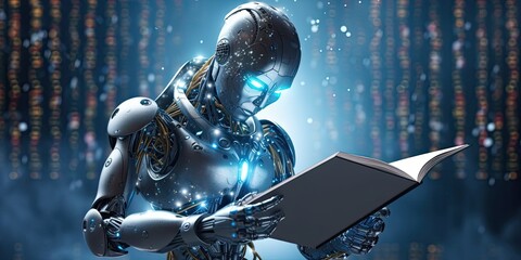 Obraz na płótnie Canvas AI Robot Reading a Digital Book - AI Generated