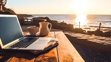 Laptop, a cup of coffee and books on a wooden table on a sunset terrace overlooking the sea. Working on vacation, digital nomad or influencer. Generative ai.