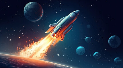 Fototapeta premium creative illustration of a rocket flying from earth into space. exploration and travel into space. Generative AI
