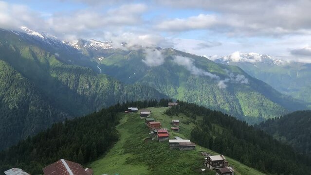 Time lapse video of Pokut plateau in the Black Sea Karadeniz region in Rize, Turkey. Traditional wooden houses of Black Sea region highlands. Pokut is one of Rize's highest altitude summer resorts.