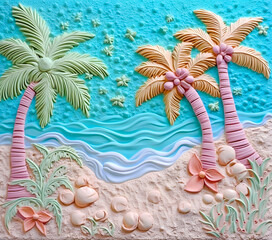 Fototapeta na wymiar 3D Pastel colored beach with palm trees design, created with generative AI technology