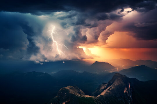 rain clouds with lightening on the mountain sharp clear