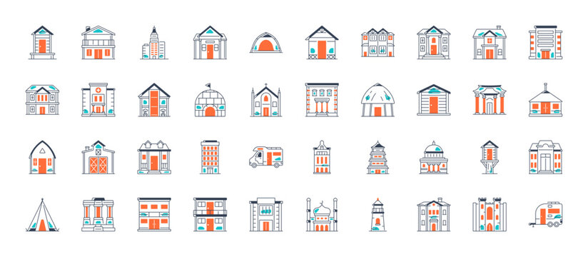 Type of houses. Set of icons of big city buildings. Urban architecture. State institutions, religious and cultural monuments. Educational centers and residential
