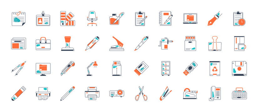 Office Material icons. glue, notebook, material, pen, scissors, stapler, ruler, eraser. Office tools and equipment vector set for education. Stationers shop accessories 