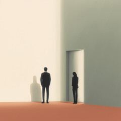 Fototapeta premium Two people standing in a room with one person in the corner looking down. Psychology art concept. AI generation
