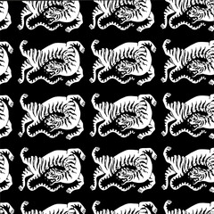 Black and white seamless tiger pattern on a black background