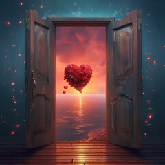 Doors of love to our heart, soul. Concept of universal love, spirituality, connection. Awareness of inner self. Concept. Esoteric. Generative AI.