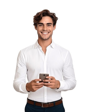 Portrait of a handsome brunette businessman holding a phone in his hand. Isolated on transparent background. No background