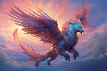 A pair of regal griffinlike creatures soaring through a shimmering starfilled sky. Fantasy art concept. AI generation