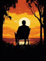 Fototapeta na wymiar An elderly person sitting in a rocking chair staring out at a sunset with a distant look in their eyes. Psychology art concept. AI generation