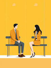 A couple sitting on a bench talking and smiling. Psychology art concept. AI generation