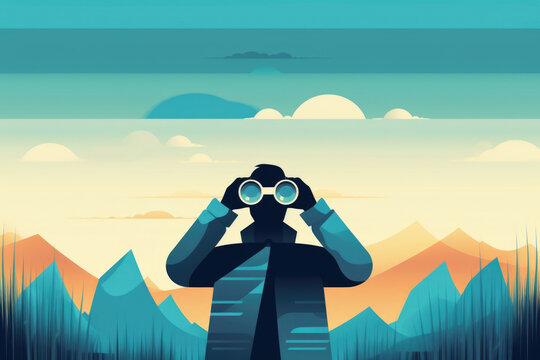 A person looking through a pair of binoculars with the image out of focus representing the difficulty of seeing Psychology art concept. AI generation