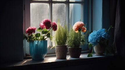 beautiful flowers and plants on a windowsill in front of the window. cozy home concept. Generative AI