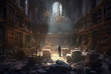 In a dusty old library a group of people their eyes lit with enchanted curiosity are Fantasy art concept. AI generation