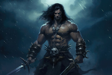 A formidable warrior with wild black hair and a rippling physique wielding two massive Fantasy art concept. AI generation - obrazy, fototapety, plakaty