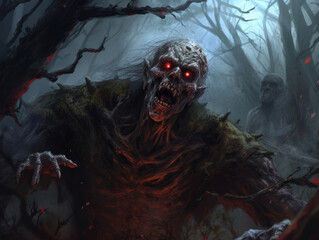 An ancient undead zombie lurks in a stormy forest its tattered clothing swaying in Fantasy art concept. AI generation