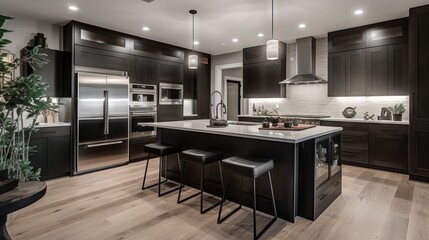 modern kitchen interior, natural lighting, dark theme, generative ai