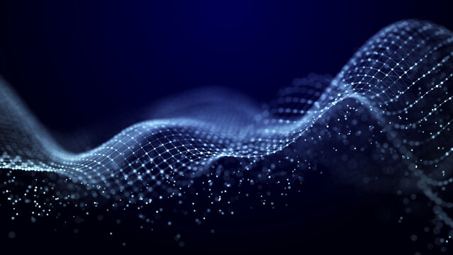 Abstract background grid. Data stream. Futuristic blue particle wave. 3d rendering. © Liudmyla