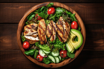 Grilled chicken meat and fresh vegetable salad of tomato, avocado, lettuce and spinach. Buddha bowl dish on wooden table. Top view