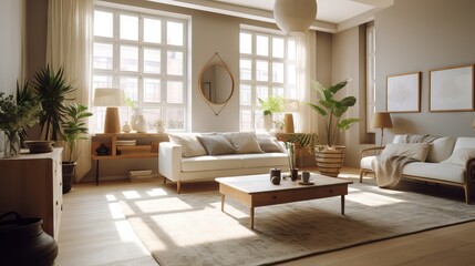 Plakat Modern living room with natural lighting. Home interior with feng shui and no people perfect for sets and backgrounds, soft lights, generative ai