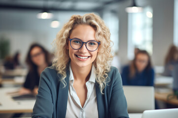Portrait of cheerful businesswoman smiling at the meeting. Marketing manager using computer technology or banking services. Generative Ai content.
