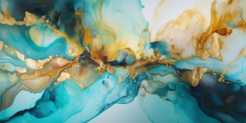 Abstract teal blue, gold and white alcohol ink art background. 