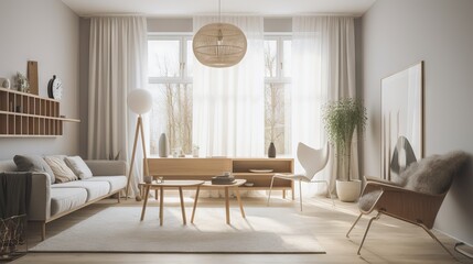 Fototapeta premium Modern living room with natural lighting. Home interior with feng shui and no people perfect for sets and backgrounds, soft lights, generative ai