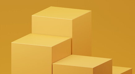 Yellow podium 3d cube stand abstract stage platform or product studio geometric shape on minimal background and blank pedestal display scene space with empty presentation summer sale step backdrop.