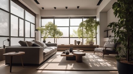 Fototapeta na wymiar Modern living room with natural lighting. Home interior with feng shui and no people perfect for sets and backgrounds, soft lights, generative ai