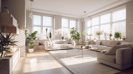 Fototapeta premium Modern living room with natural lighting. Home interior with feng shui and no people perfect for sets and backgrounds, soft lights, generative ai