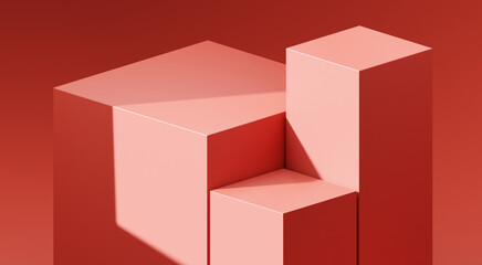 Pastel red podium stage empty cube background window light 3d pedestal space stand of blank product display show object platform.