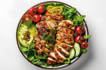 Grilled chicken meat and fresh vegetable salad of tomato, avocado, lettuce and spinach. Buddha bowl dish on white background. Top view