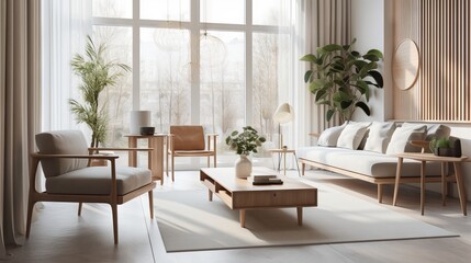 Modern living room with natural lighting. Home interior with feng shui and no people perfect for sets and backgrounds, soft lights, generative ai