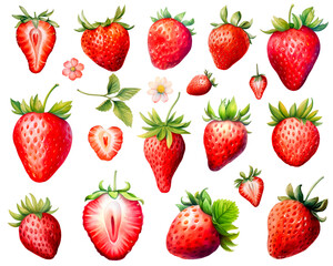 Set of strawberries watercolor isolated on white background. PNG transparent background. AI Generative.