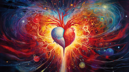 Enlightened heart connected to the universe. Concept of love and consciousness expanding through the heart. Colorful concept of other realities. Spirituality. Esoteric. 