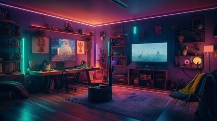 Modern aesthethic Colorful Gaming Studio with rgb lights and gaming desktop and monitor, generative ai