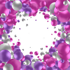 Background with realistic balls, transparent glossy bubbles. Abstract minimal design. Vector illustration. Purple, gray and blue balls. eps 10
