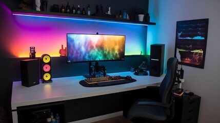 Modern gaming setup room with desk and gaming chair, generative ai