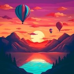 Atmosphere balloons flying on a lake at sunset. AI-Generated illustration.
